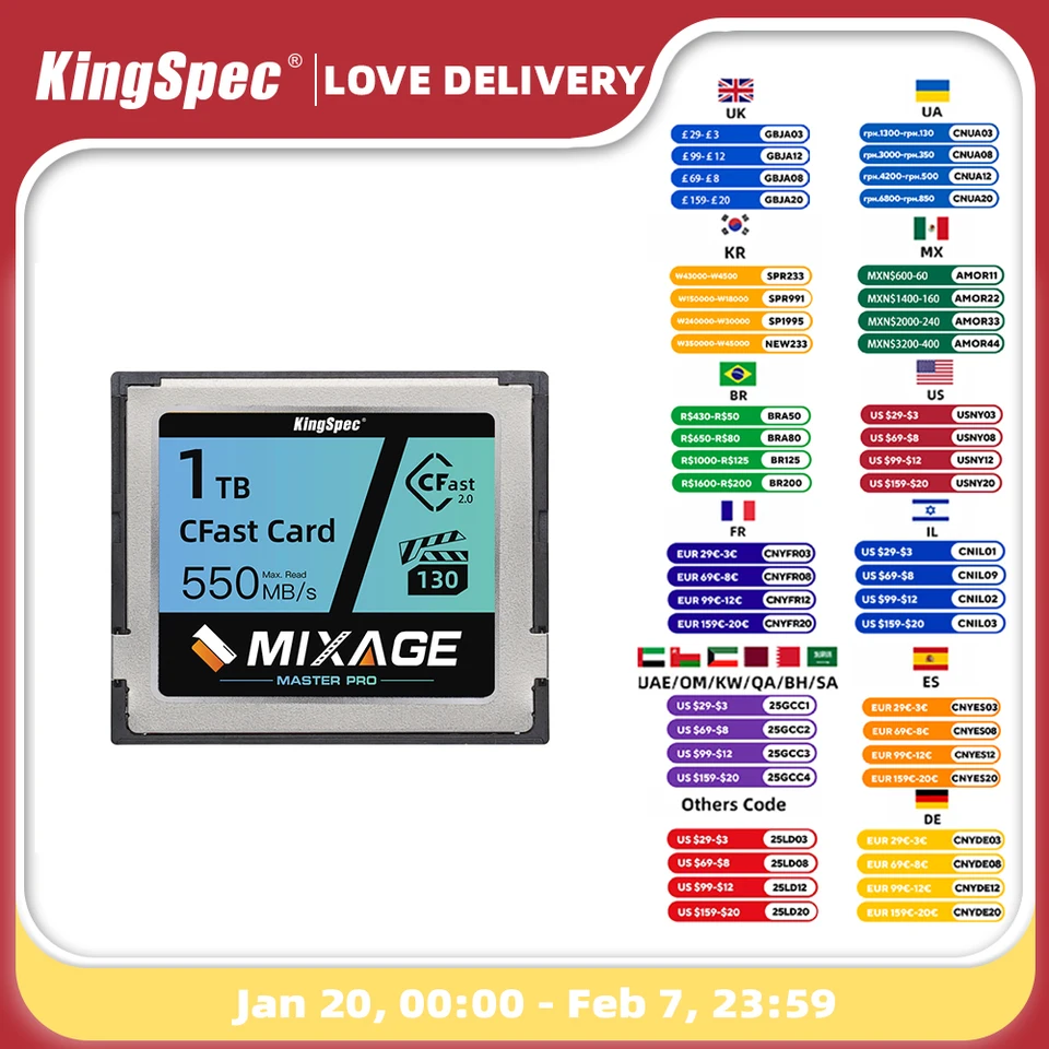 Kingspec Cfast 2.0 karta 512 GB 256 GB 1TB Pamäťová karta 500 MB/s pre plné HD 3D 4K 8K Videokamera Digitálna demonštrácia