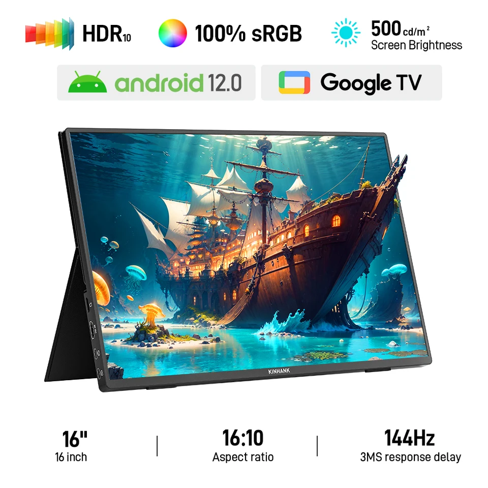 Kinhank 16 palcov 2,5K Prenosný herný monitor 100%SRGB Frame Extender Screen s Android TV 12 OS pre PS4/5 prenosný počítač PHIone