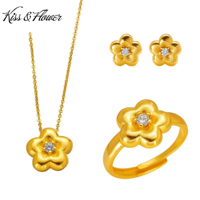 Kiss & Flower Gold Flower náhrdelník+prsteň+náušnice pre ženy svadobná hostina narodeniny vianočná nevesta Matka priateľka Lady darček JS78