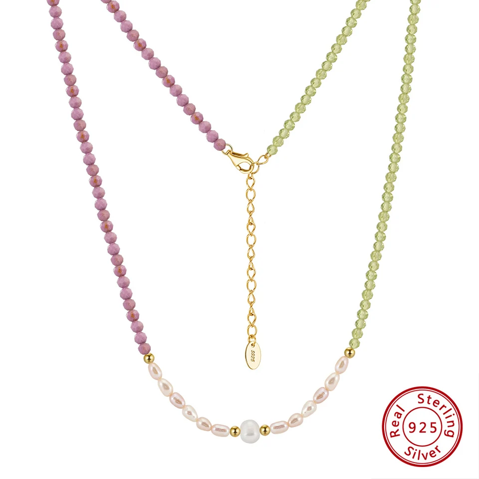 Kiss Mandy Natural Peridot Purple sľudy náhrdelník Pure 925 Sterling Silver for Women Pearls Korálkové luxusné goliere šperky mpn06