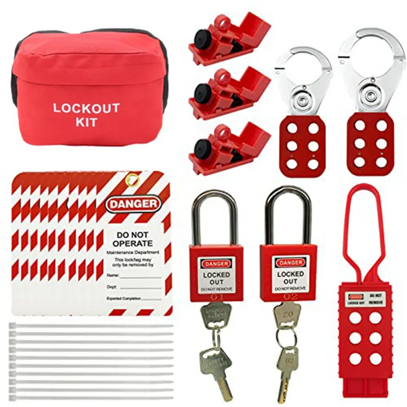 Kit s elektrickým blokovaním tagout -Lock out značky s haspmi, zámok ističa, bezpečnostný visiaci zámok (2 klávesy na zámok)