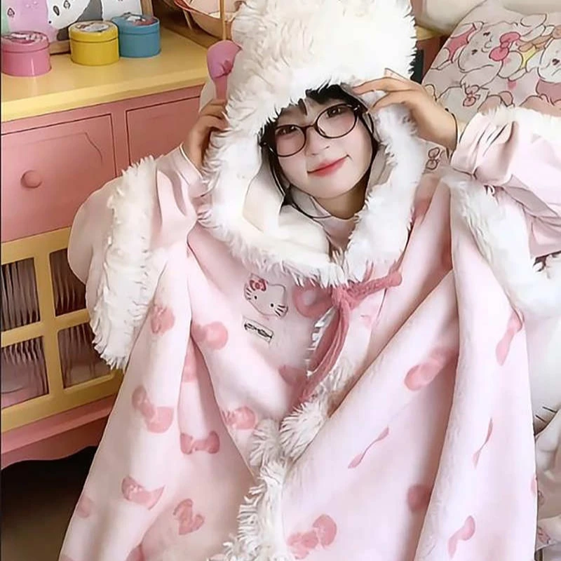Kitty Cape Shawl pyžama Dámska zimná koralová fleece s hustým plyšovým nočným teplom na jeseň a zimné roztomilé ružové vrchné oblečenie