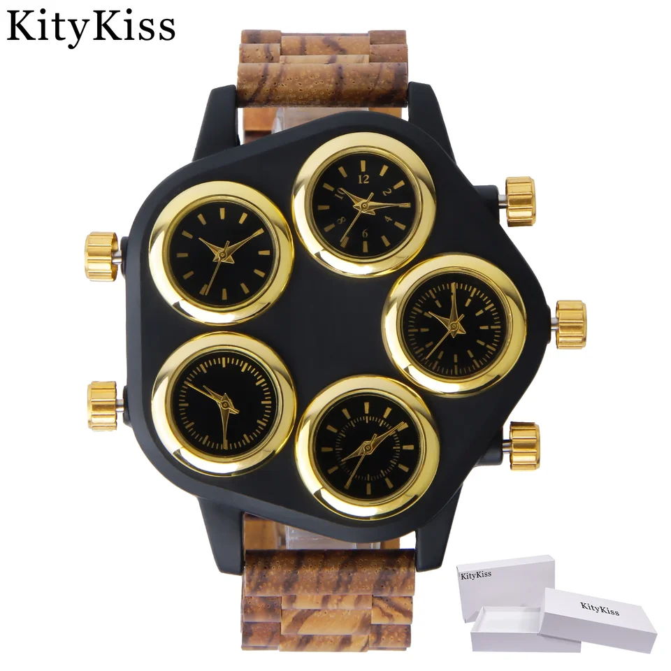 Kitykiss Wooden Quartz Watch Fashion Brand Polygonal Large Dial Viacnásobné zóny skladacie zľavové hodinky môžu byť prispôsobené darčekmi