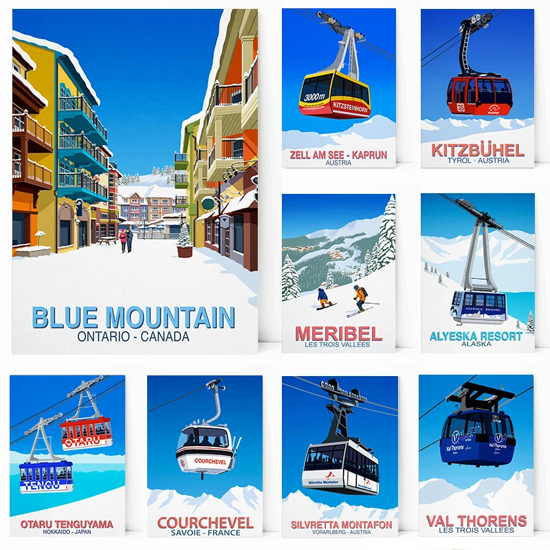 Kitzbuhel Squaw Valley Blue Mountain Hafjell Ski Resort a lanovka plagát maľba maľba