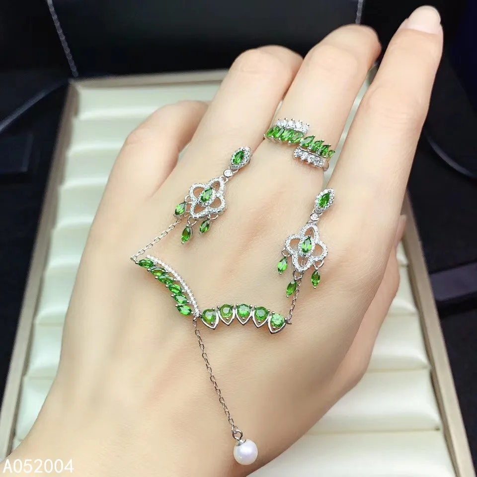Kjjeaxcmy jemné šperky 925 Sterling Silver Vykladaný prírodný diopside prsteň prívesok náušníc