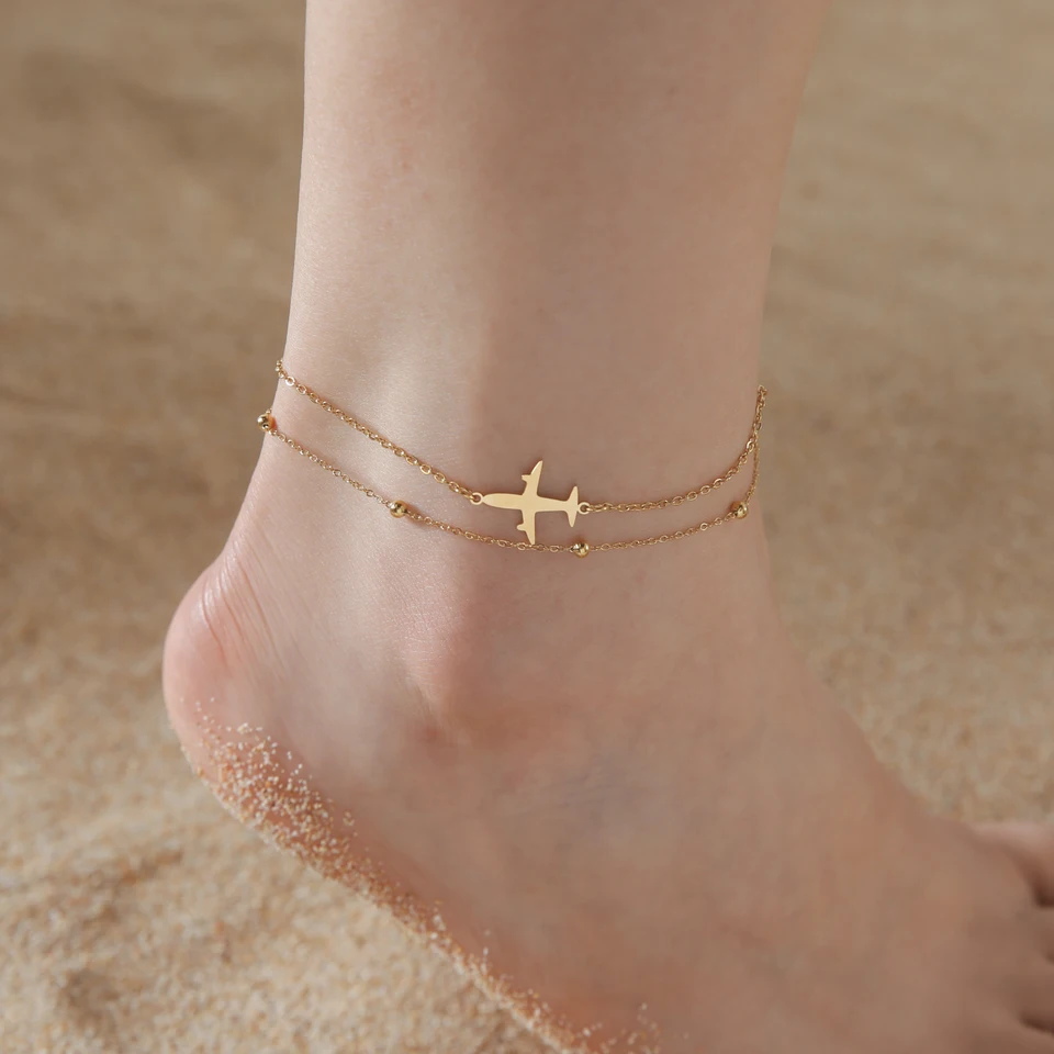 Kkjoy z nehrdzavejúcej ocele Bohemia zlaté farebné lietadlá Anklety Dvojvrstvové nohy Anklet Luxusné nohy
