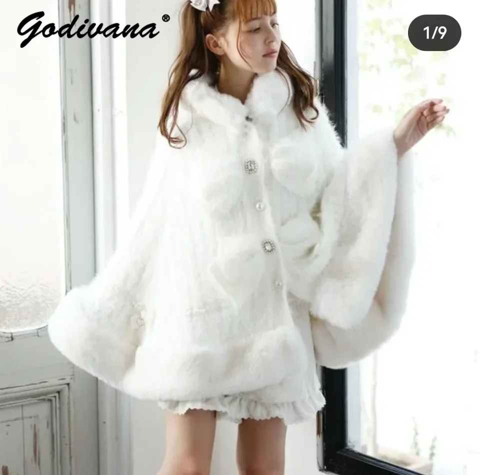 Klasická japonská liz sladká roztomilá imitácia králičie kožušina Cape Coat Female Zima zahusťuje teplý kožušina veľkú luku voľnú bundu Poncho