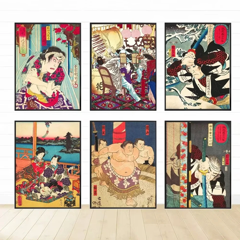 Klasická retro estetika nástenné umenie japonský sumo gejisha samurai hd olej na plátne plagáty a výtlačky