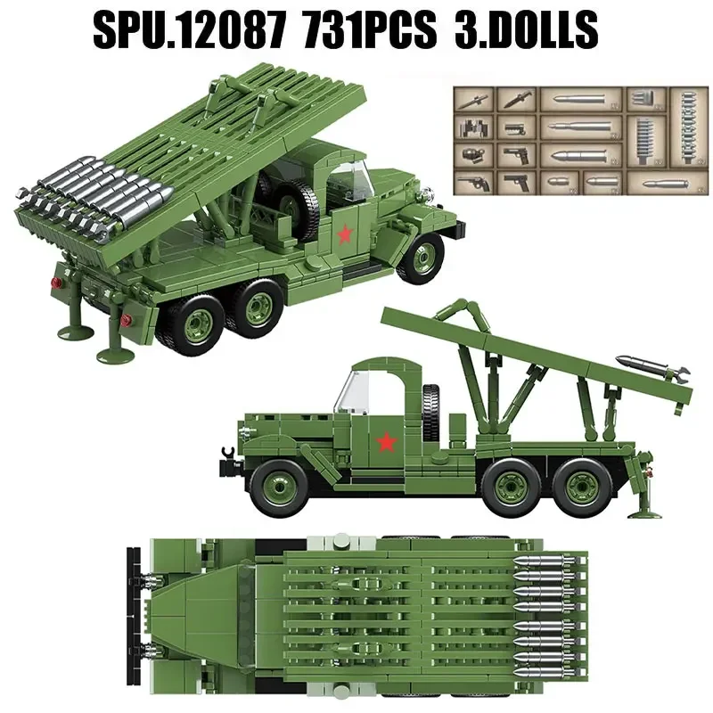 Klasická vojenská vojna WW2 BM-13 Katyusha Rocket Artillery Army Army Soviet Weapon 3 Solders Building Blocks Hray Boy Darče