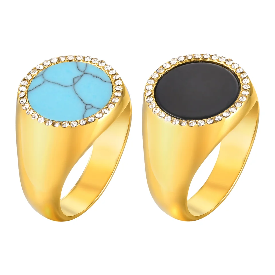 Klasická zirkónia z nehrdzavejúcej ocele Plave Signet Pinky Ring pre ženy, čierny onyx a tyrkysová vložka, Veľkoobchod šperkov
