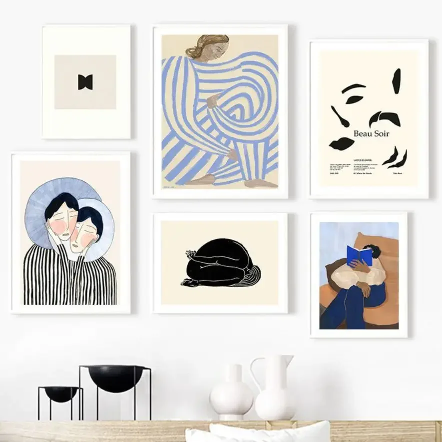 Klasické abstraktné nástenné umenie Line Girl Pár kniha HD Canvas Tlač plagátu Domov obývacia izba Spálňa Dekoratívna maľba