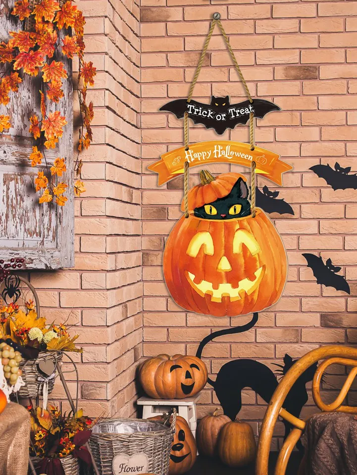 Klasické drevené Happy Halloween visiace znamenie - tabule s čiernou mačkou, netopierov a tekvicami - Halloween Party Decor Decor