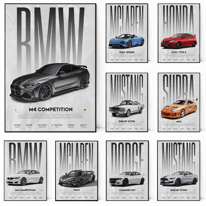 Klasické jednoduché nástenné umenie Ford Mustang Lancer Evo X Luxury Sports Car HD Canvas Tlač plagátu Domov obývacia izba Dekorácia spálne