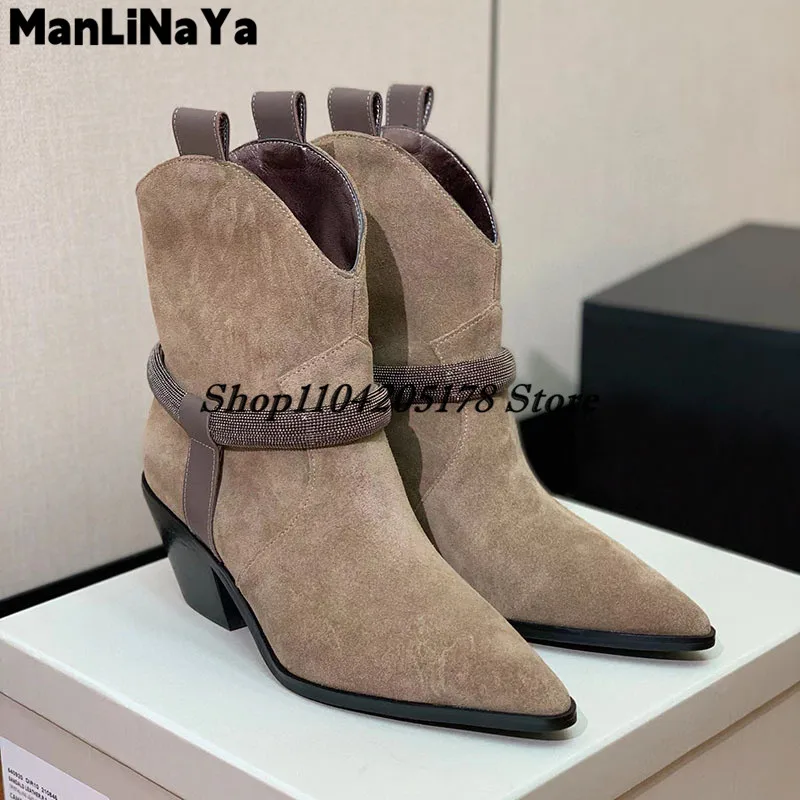 Klasické topánky Chelsea pre ženy nahé semišové špicaté špičky Chunky päty členok topánky korálky Pohodlné zimné topánky Žena Žena
