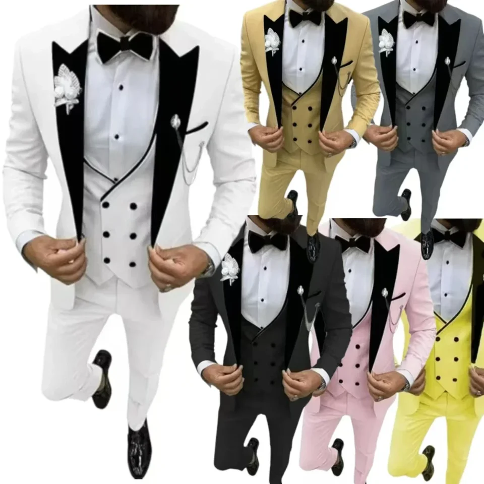 Klasické tuxedo obleky pre mužov luxusný zamatový vrchol klopa 3 kusy sako a nohavice nastavené na svadobné šaty obrad