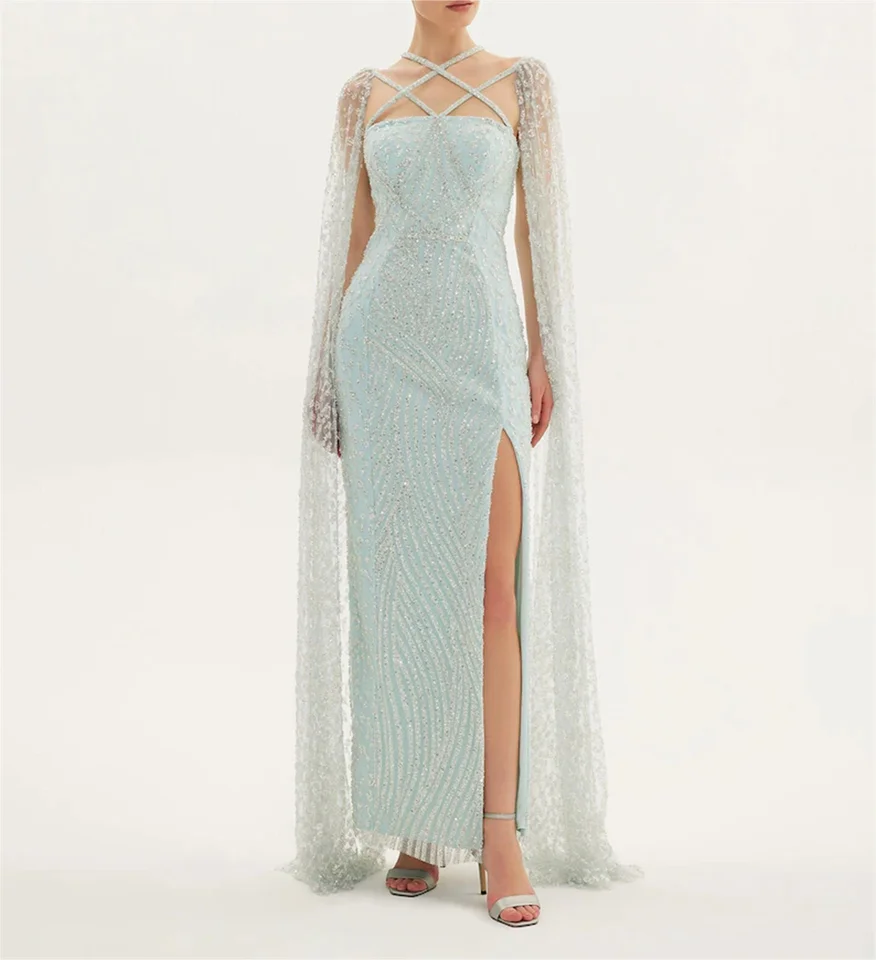 Klasické šampanské/modré svadobné šaty štvorcový obojok Cape Ruckves Split Tulle Lace Flitre Elegantné otvorené luxusné pásky Prom