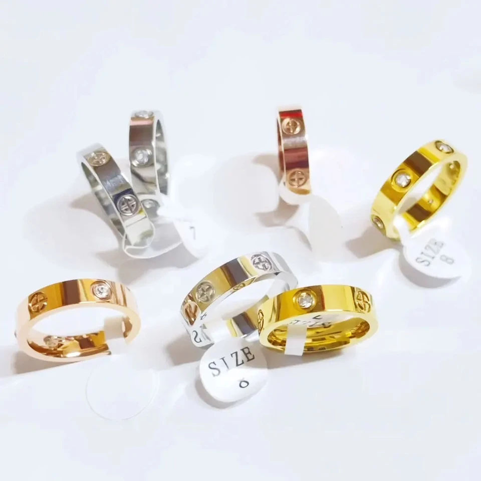 Klasický kríž z nehrdzavejúcej ocele Láska prsteň pre ženy muži ružové zlato Color Pár CZ Crystal Rings Luxusné šperky Svadobný darček