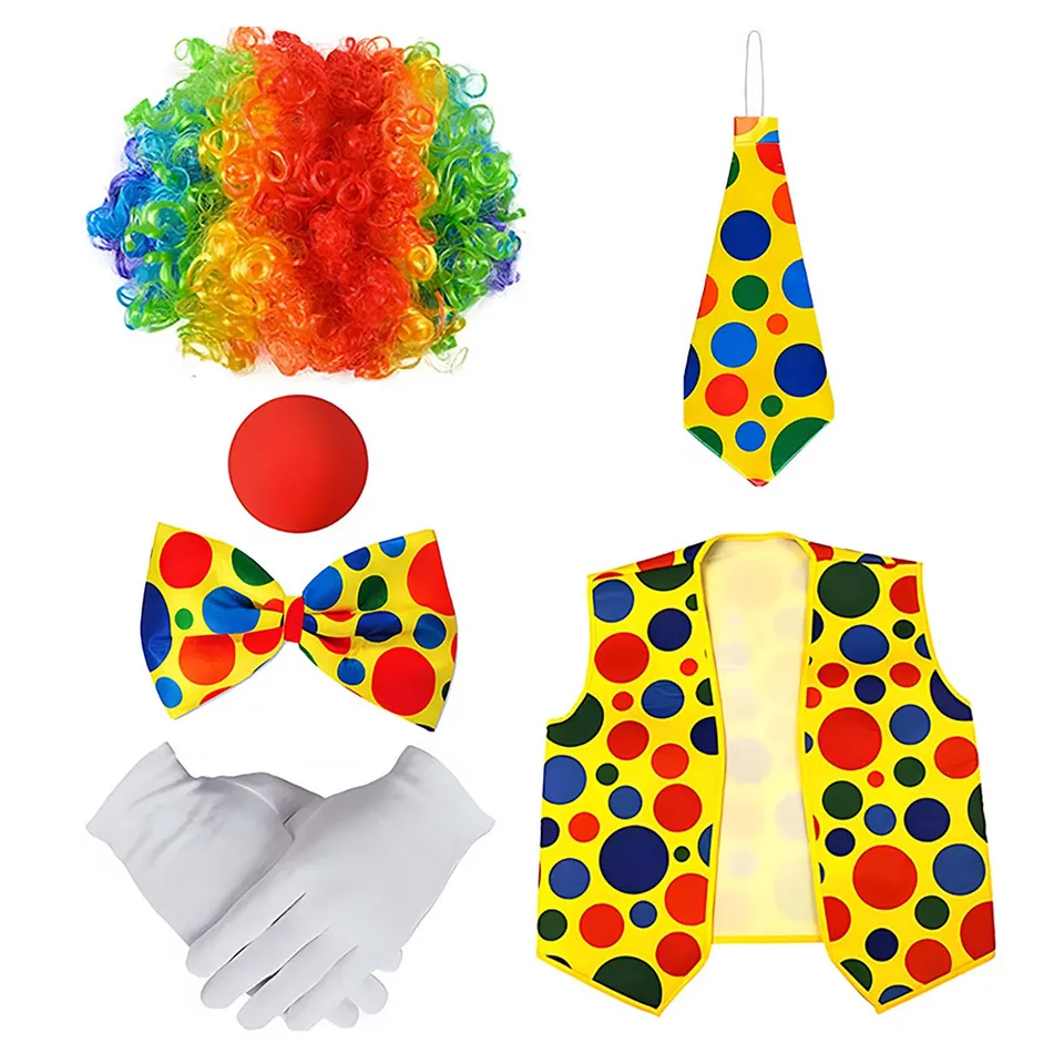 Klaun kostým outfit pre dospelých mužov Ženy dúhový klaun parochňu nosa rukavice motýli