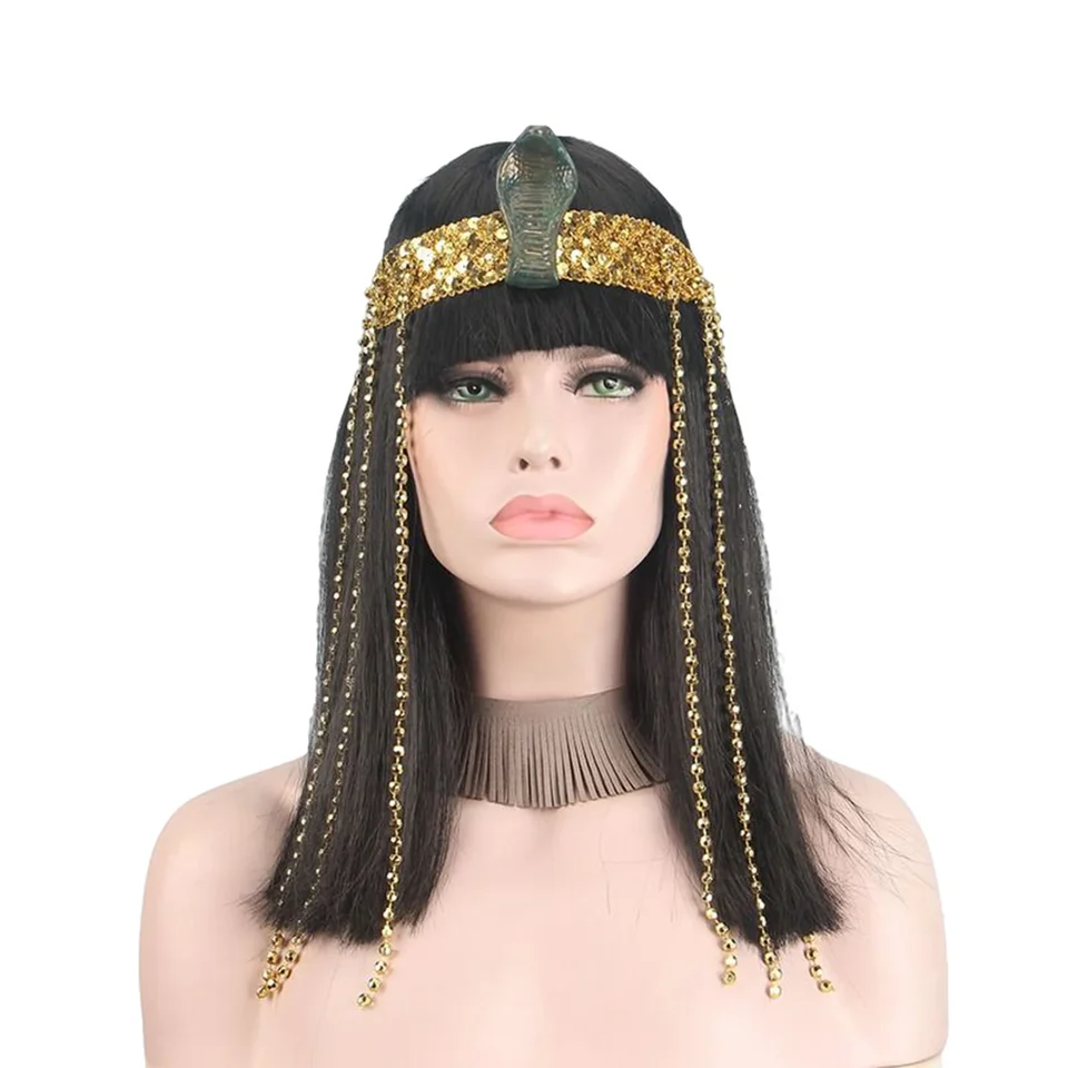 Kleopatra egyptská kráľovná parochňa Parochne Fringe Pirálky hadí čelenka tupé rany Bangs Rovné vlasy parochňa s pokrývkou hlavy Halloween Cosplay príslušenstvo