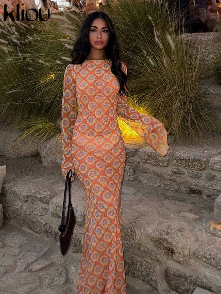 Kliou estetické tlačené ženy Dlhé šaty Hipster Jeseň Full Ruckve Bedseath Sheath Vestidos Žena Elegantné High Street Rúch