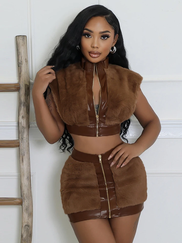 Kliou Feather Splice Women Women 2-Petght Set Classic Zodpovedajúce streetwear na zipsové plodiny+štíhle mini sukne ženské trendové tepla outfit