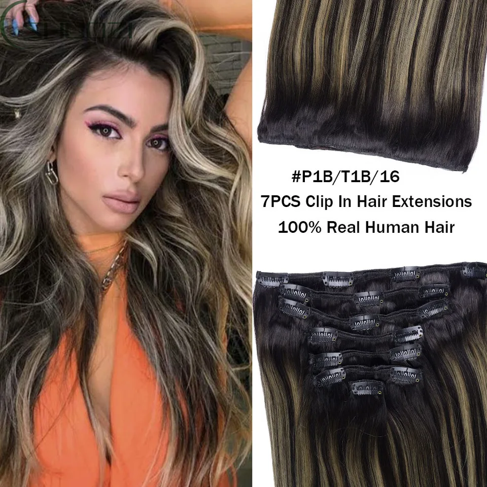 Klip na predlžovanie vlasov v ľudských vlasoch 7ks balayage Prírodná čierna až zlatá blondínka v predĺžení vlasov Reálne predlžovanie ľudských vlasov