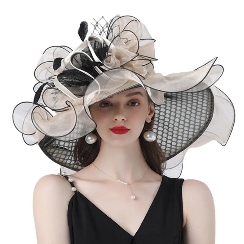 Klobúky veľké brim fedora pre ženy organza biele slnečné klobúky kvetinové dámy svadobné hostiny Kentucky Derby Wide Church Fedoras