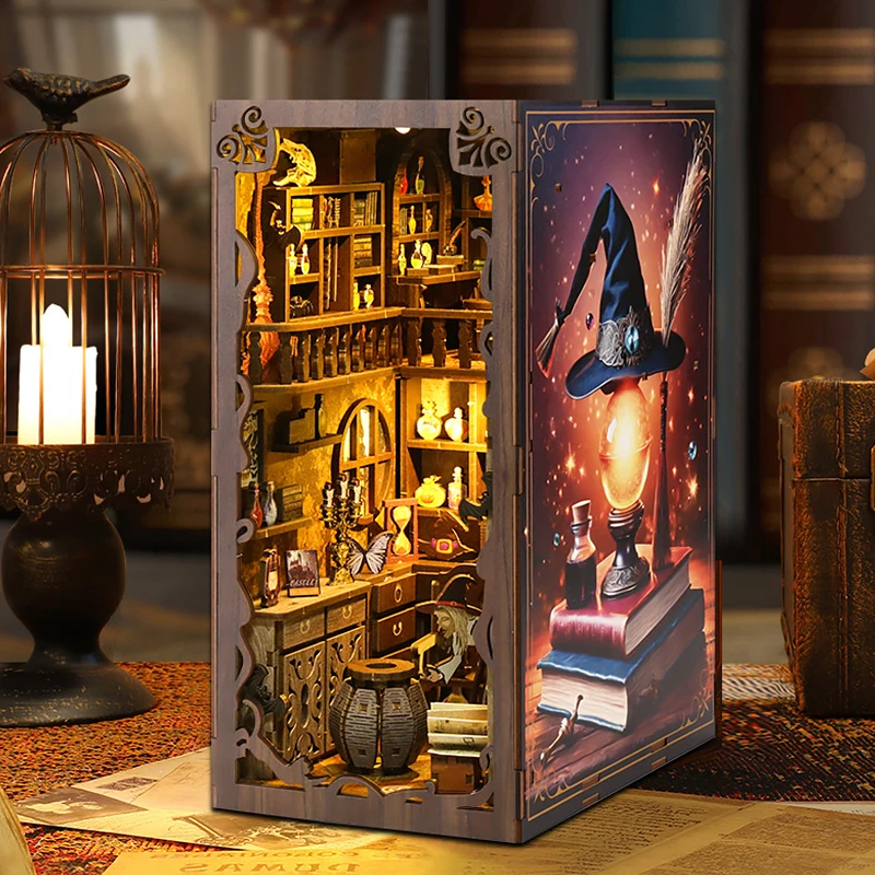 Kniha Kit Kit Wooden Doll House Bookshelf Vložte 3D Puzzle Bookend pre knižnú izbu dekor s LED svetlami k narodeninám darčeky Dollouse