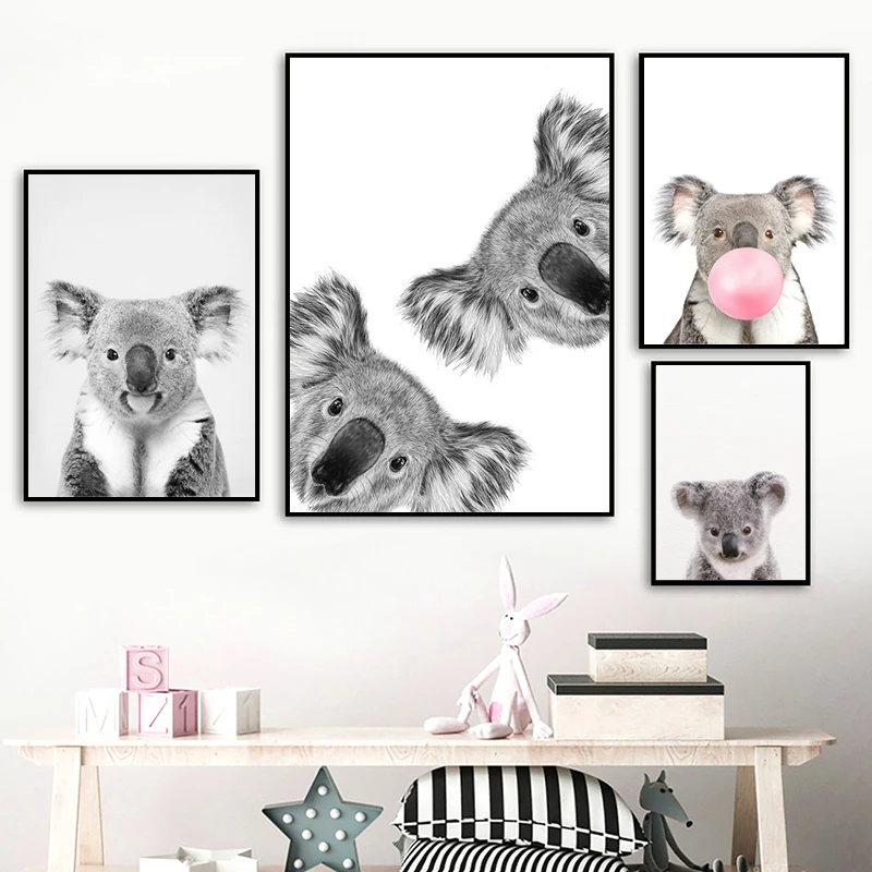 Koala tlač čierny a biely obrázok plátno maľba divokého života Photography Austrálska zvierací zoologická záhrada poster materské nástenné umenie dekor