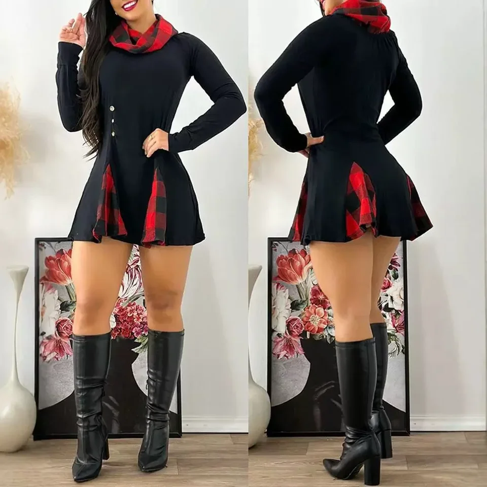 Kockovaný vzor lievikový krk s dlhým rukávom s dlhým rukávom, ležérne šaty Ženy Sexy Bodycon Mini šaty