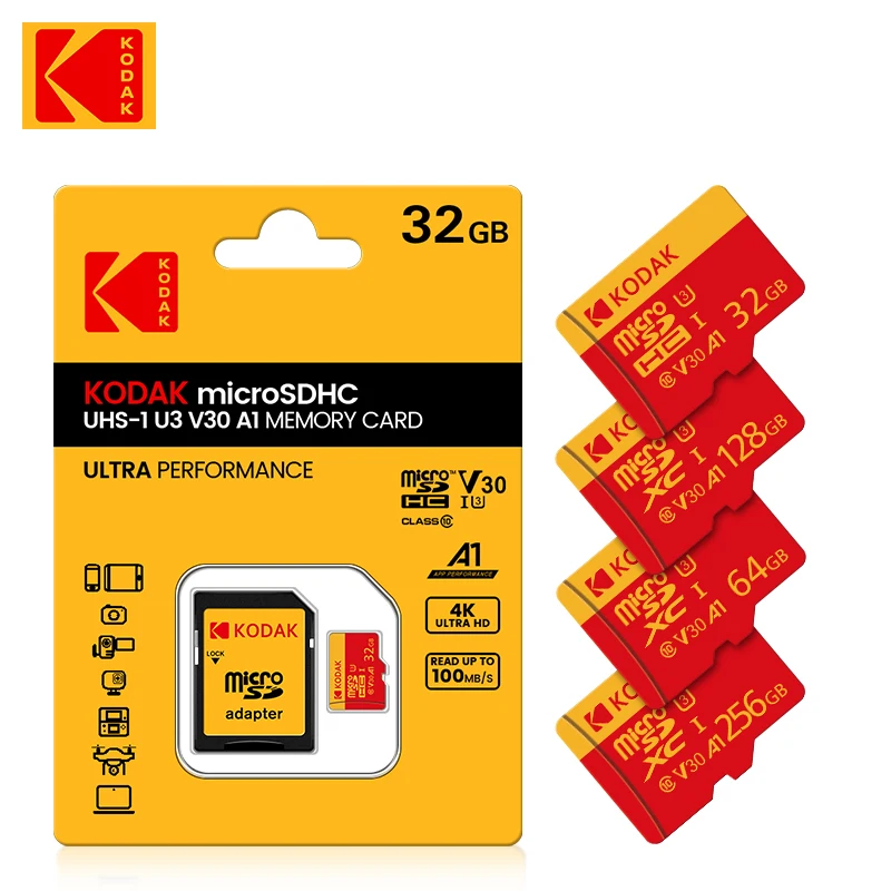 Kodak Micro SD Card A1 trieda10 32 GB 64 GB 128 GB 256 GB Vysokorýchlostná zápis Super kompatibilita Phone Camera Meomory Card