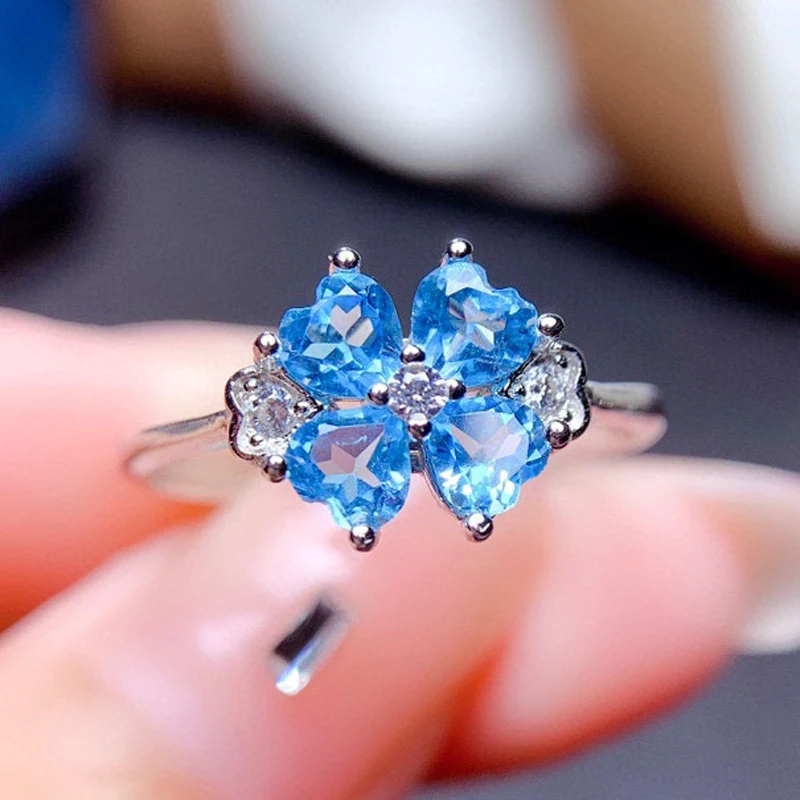 Kofsac Romantic Crystal Blue Four Leaf Clover Ring Women Fashion 925