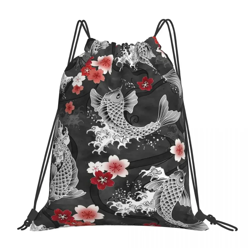 Koi Sakura Blossom v čiernych batohoch Prenosné sťahovacie tašky Rectionstring Bundle vrecko Športovej tašky Bookbag pre muža Žena Škola