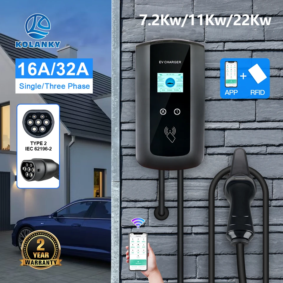 Kolanky 32a 7.2/22kw EV nabíjacie stanice Wallbox Electric nabíjačka vozidla EVSE TYP2 kábel IEC62196-2 TUYA CONTROL