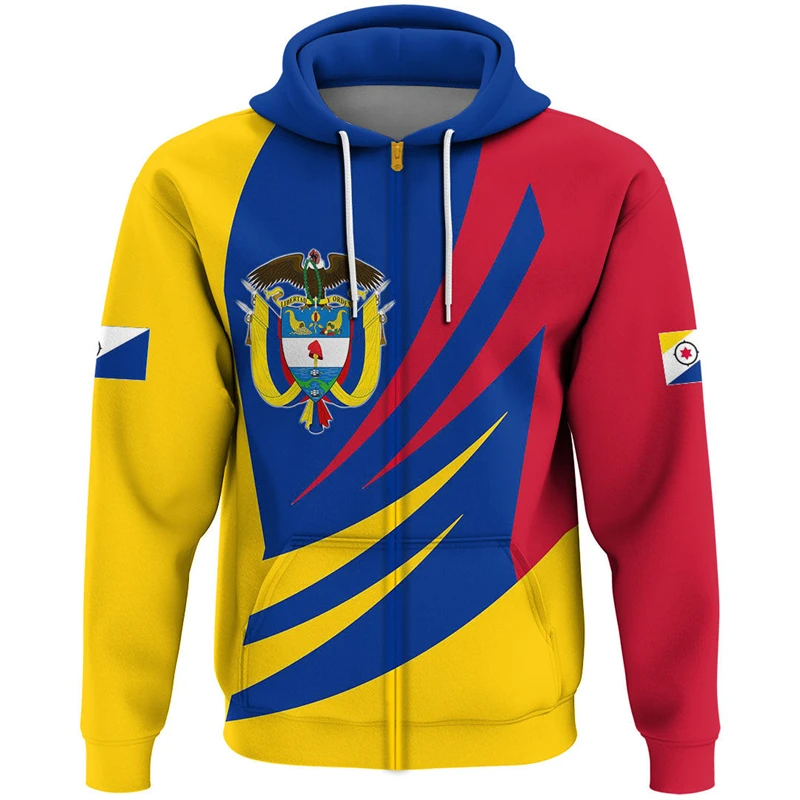 Kolumbijská vlajková mapa Grafické mikiny Kolumbijský národný znak Zips Up Hoodie for Men oblečenie Príležitostné mužské kapucňa športové pulóvety