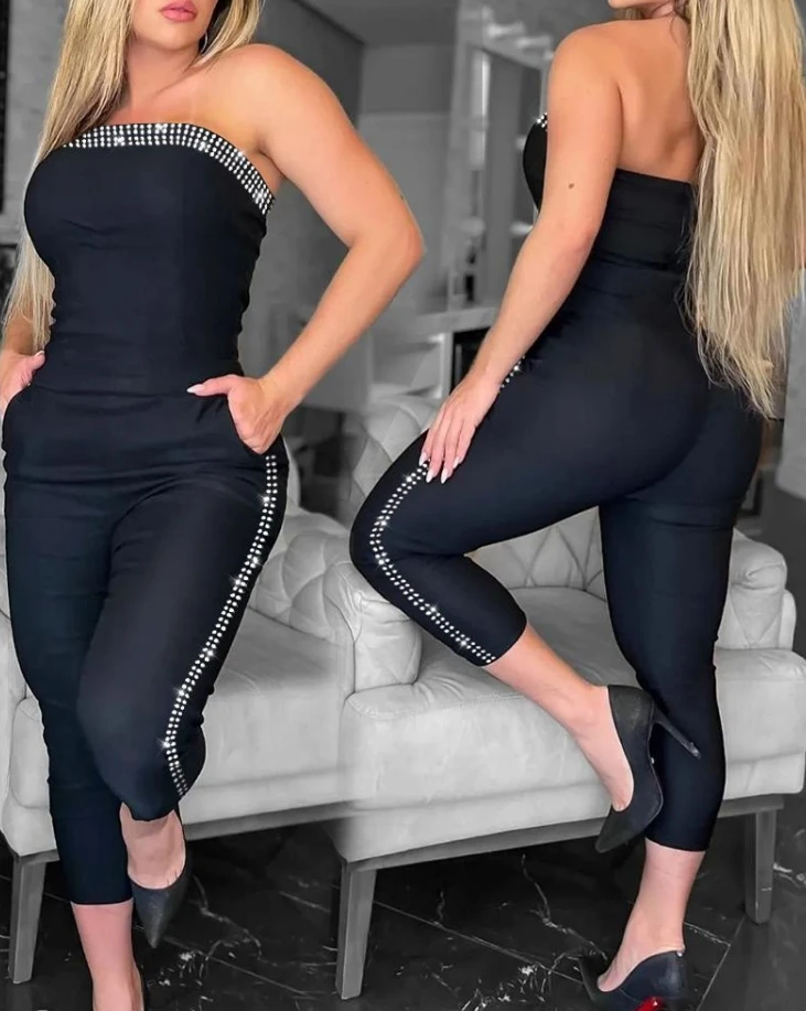 Kombinézy Ženy 2024 Summer Fashion Shinestone Decor Decor Bandeau bez rukávov sexy bez backless vreckový dizajn Skinny Daily Dlhá kombinéza