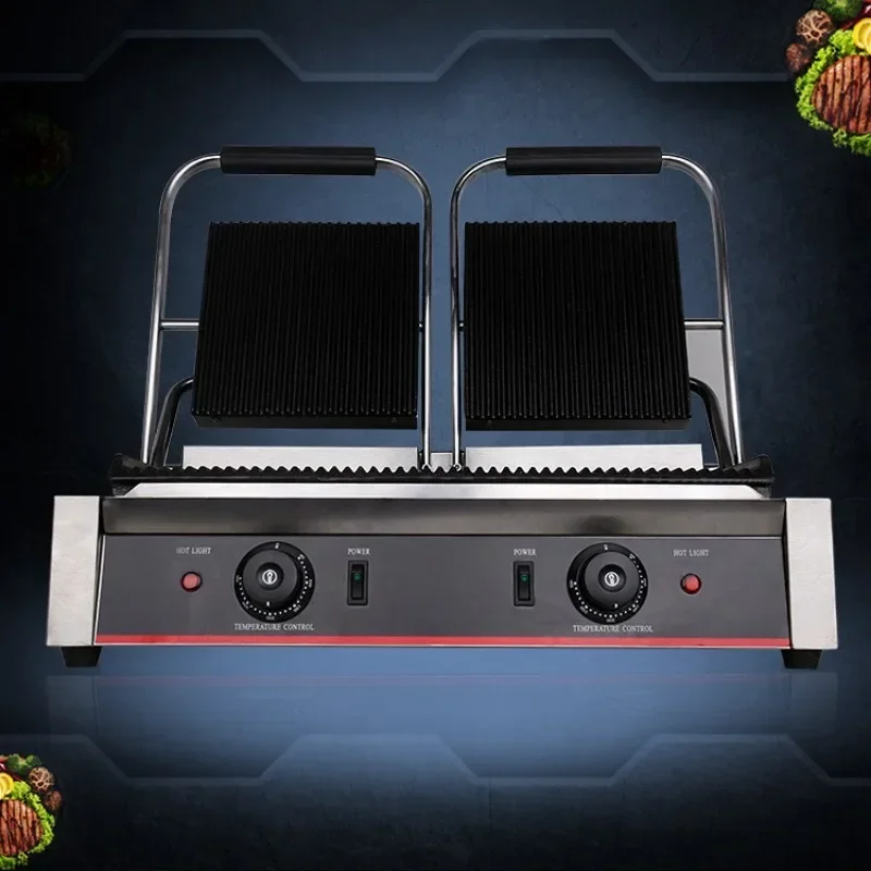 Komerčný elektrický pruh kontakt gril Panini Press Plates Sandwich Press Plates Eelctric Steak Contact Grill Dvojité kachle/