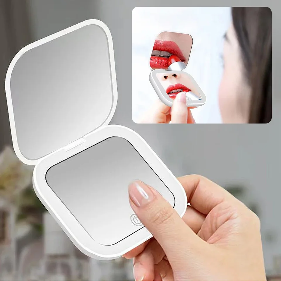 Kompaktné malé mini darčekové márnosť stola skladacie LED svetlá Prenosné ručné vreckové zrkadlo 2x Zväčšovanie