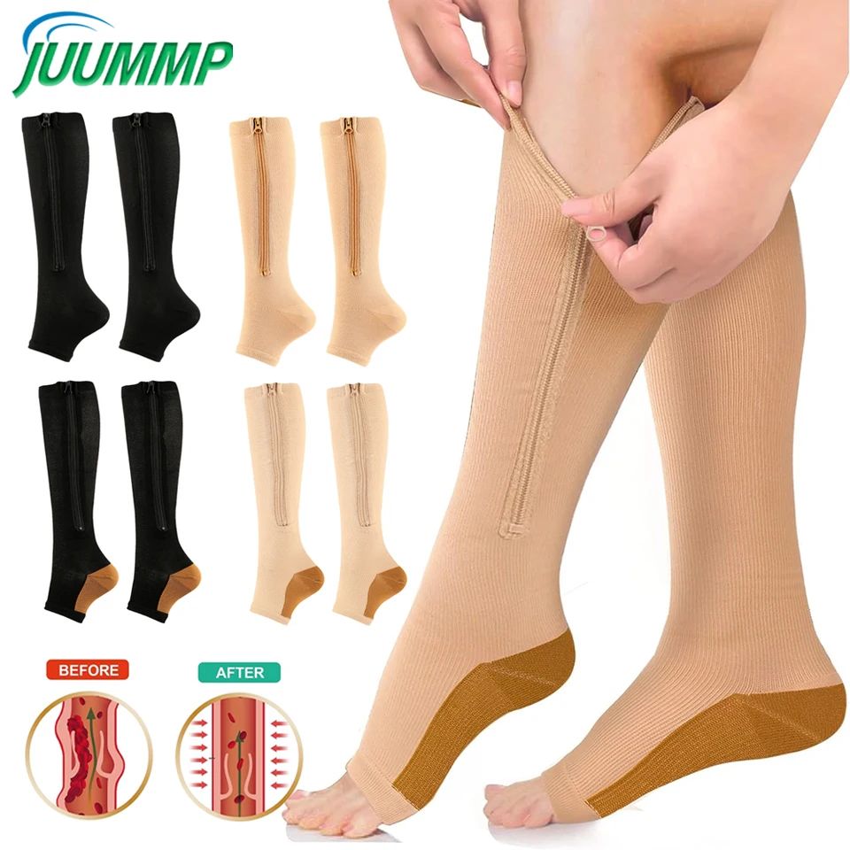 Kompresné ponožky 1Pare pre ženy a mužov, zips 15-20 mmHg na nohách Otvorená nôh Podpora Stocks vysoké ponožky pre opuchy a bolesť