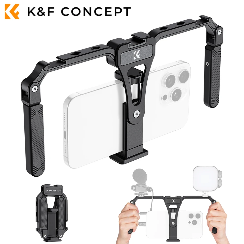 Koncept K&F divoký vonkajší skladací hliníkový hliníkový video stabilizátor Telefón Video Rig kompatibilný pre iPhone Samsung Huawei Mobile