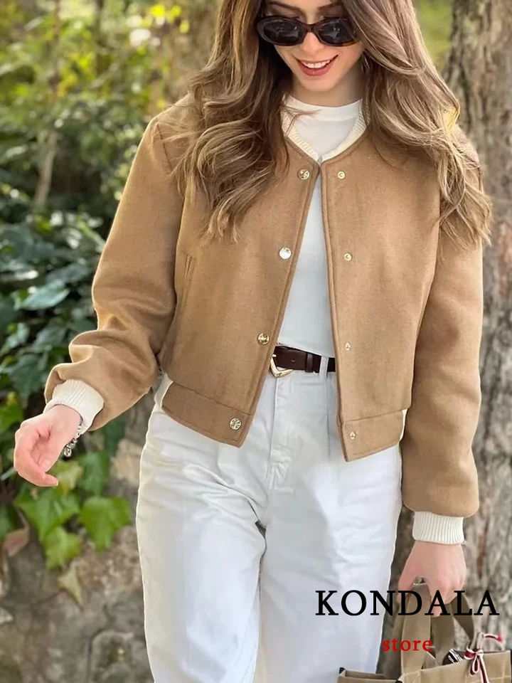 Kondala Chic Solid Camel Streetwear Dámska bunda móda 2023 s dlhým rukávom o krk zakryté gombíky Y2K Cool Chic Short Slim Outwear