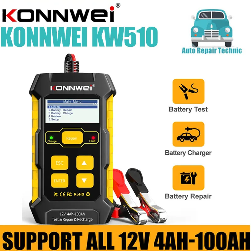 Konnwei KW510 Úplný automatický 12V tester na batériu Tester Oprava 5A nabíjačky vlhké suché AGM gélové olovnaté kyselina OBD OBD2 Opravy vozidla