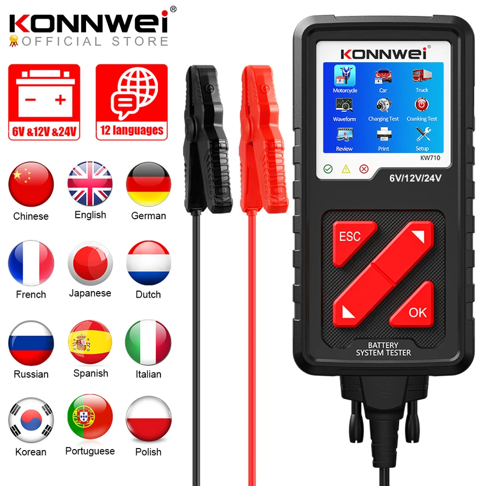 Konnwei KW710 Motocykel automobilový automobil tester 6v 12v 24v Analyzátor batérie 2000 CCA nabíjanie Cranking Test Test pre auto