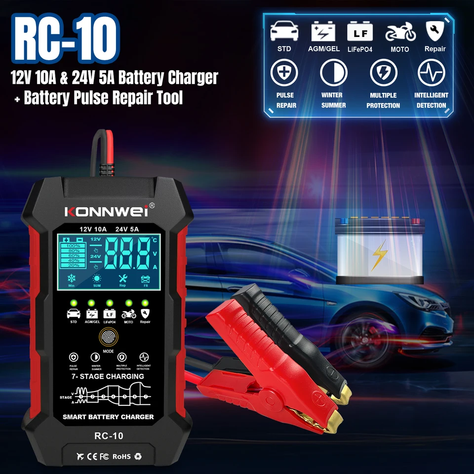 Konnwei RC-10 12V 10 A 24V 5A Car Battery Chailer Plne automatické rýchle nabíjanie pulzov nabíjačku nabíjačku Agm Agm Gel Gel