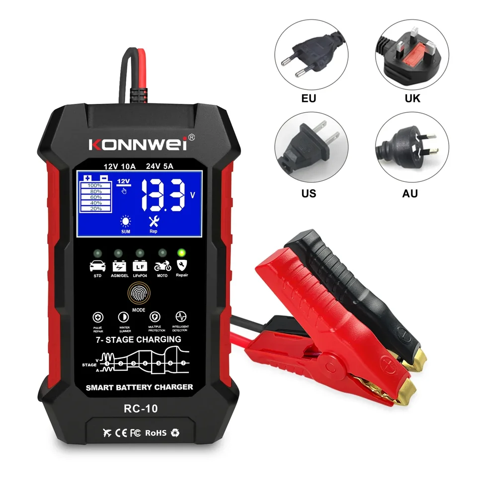 Konnwei RC-10 12V 10 A 24V 5A Car Battery Chailer Plne automatické rýchle nabíjanie pulzov nabíjačku nabíjačku Agm Agm Gel Gel