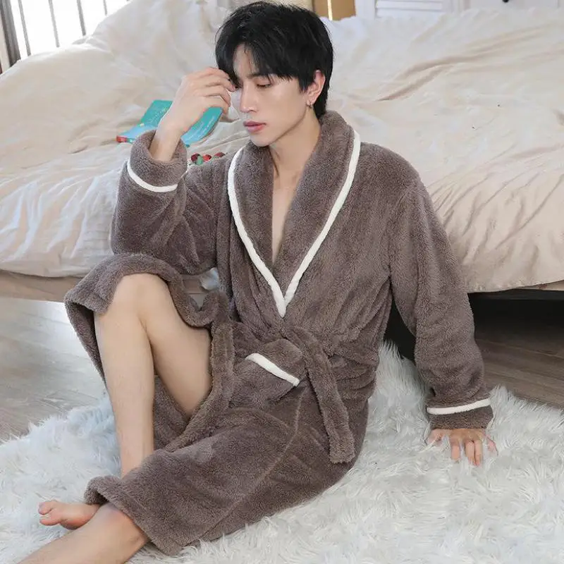Koralové fleece muži Kimono Bunt Gown Loungewear Zimné teplé rúcho spánok
