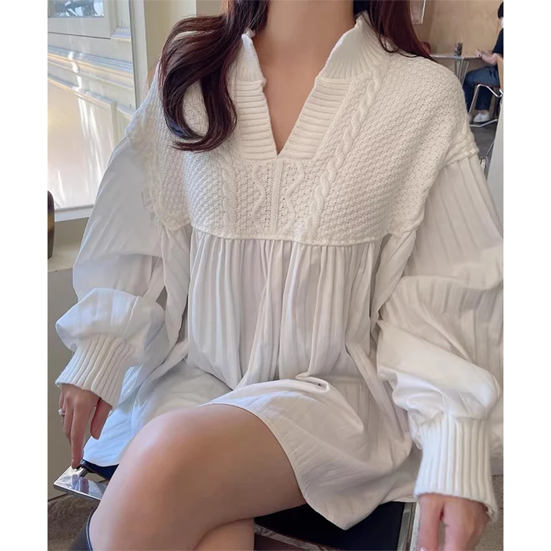 Korean Chic V Brck Puff Long Ruckve Ženy blúzky Vintage Patchwork Elegantné ženské košele 2024 Nová jeseň Sweet Blusas Mujer