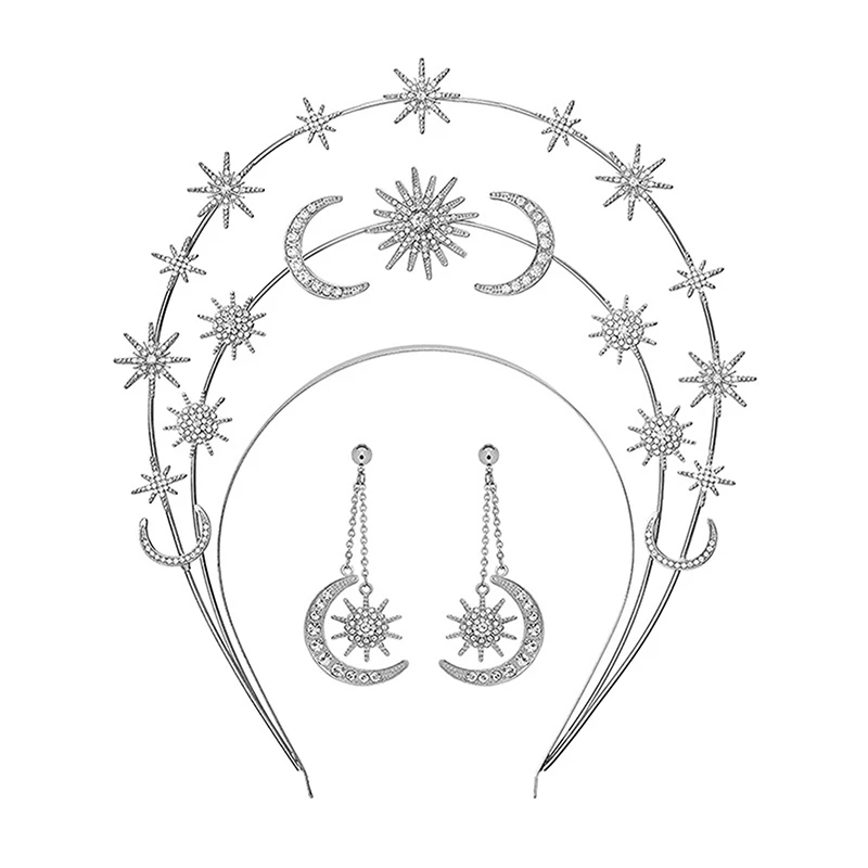 Koruna hlavy so náušnicami hviezda Moon Goddess Crown Headband Tiaras pre ženy boho svadobný vlasový nádob