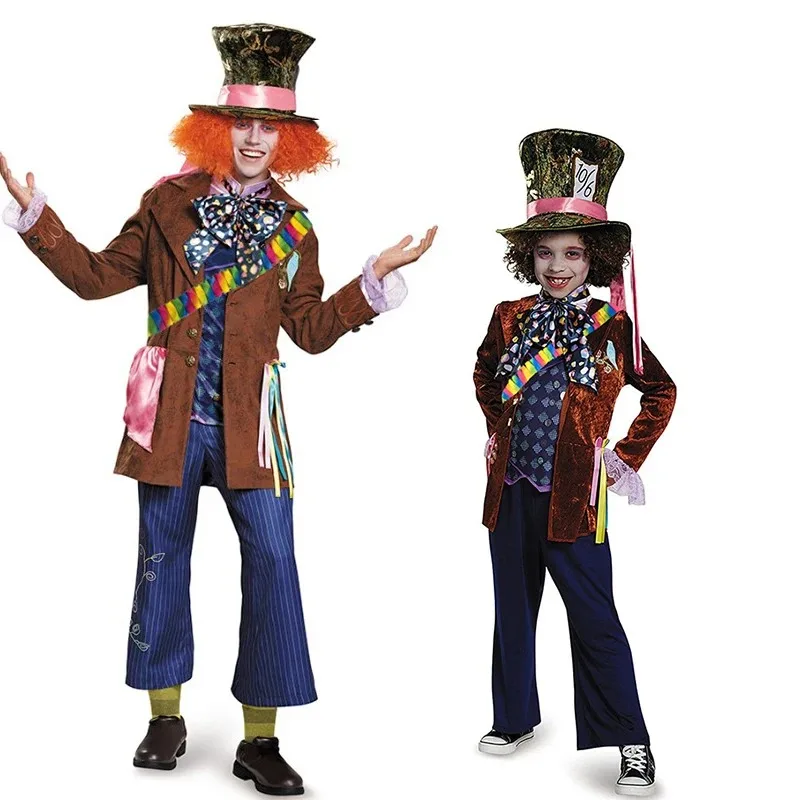 Kostým pre dospelých Mad Hatter Cosplay pre mužov Kids bunda nohavice kravata s klobúkom Halloween Karneval tematický obliekanie na párty oblečenie