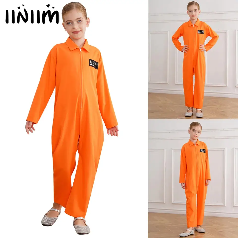 Kostým väzeň pre chlapcov dievčatá Orange Jailbird Jailbird kombinézy Halloween kostým s dlhým rukávom predné zips Consums Cosplay Uniforma